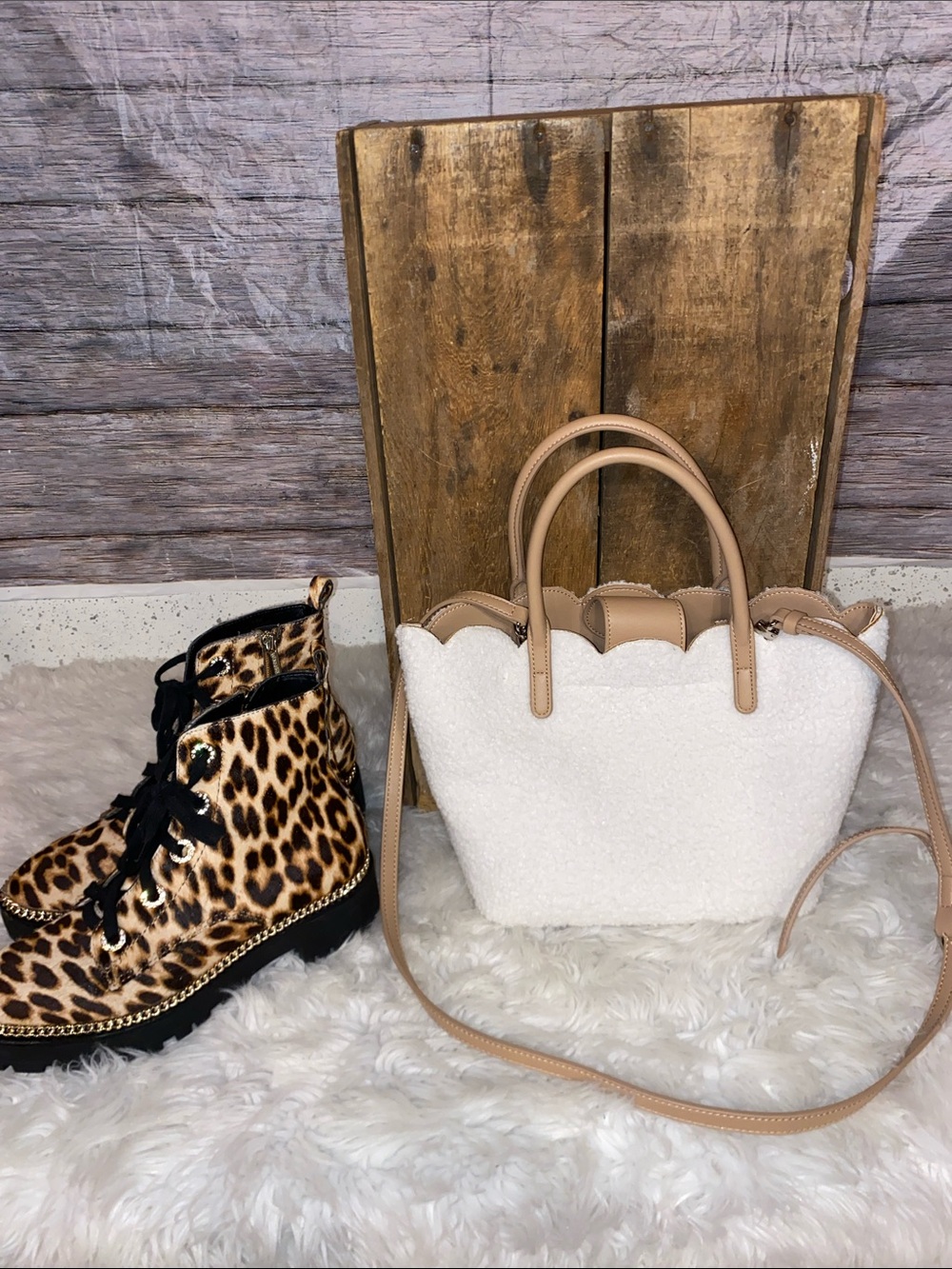 Aura Estelle Cream Sherpa Scalloped Top Satchel Bag